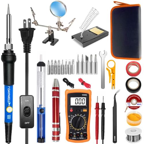 Soldadoras Y Accesorios, Tools DAYWELL 60W Cautin para Soldar, Kit de Soldadura Electronica, Lupa de Mano Estación de Soldadura, Multimetro Digital de Temperatura Ajustable, Alambre de...