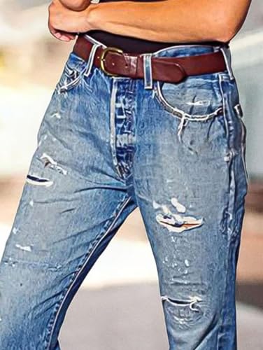 Flamingals Straight Leg Mid Rise Causal Ripped Demin Jeans Without Belt3