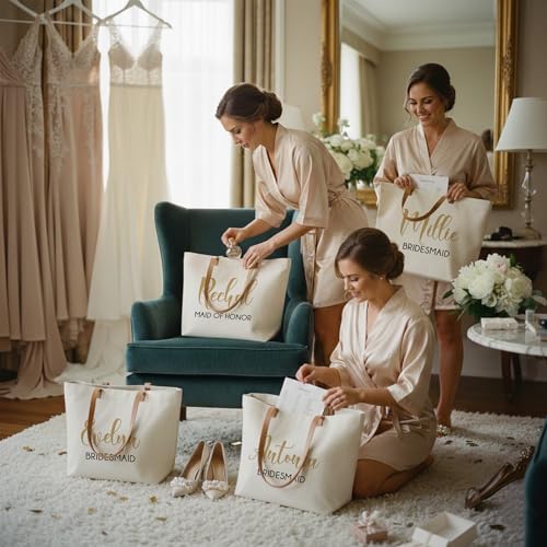 Image of ELEGANTPARK Personalized Canvas Tote Bag with Zipper, Custom Bridesmaid Gifts with Name & Role, Monogrammed Initial Bag for Women, Teacher, Nurse, Travel & Beach | Monogrammed, Customized Gift Tote