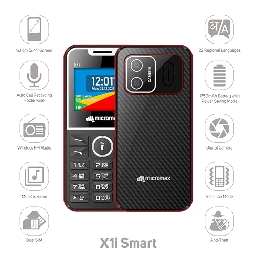 Image of Micromax All-New X1i Smart Dual Sim Keypad Phone | Big 2.4 inch Display |Type C USB Port | Bright Torch| Wireless FM | Auto Call Recording | Black Red|