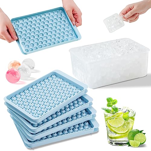4 Pack Mini Round Ice Cube Tray, Ice Ball Maker Mold for Freezer with Container, Sphere Ice Cube Tray Making 99pcs Circle Ice Chilling Cocktail Whiskey Tea Coffee(4Pack Ice trays & Ice Bin & Ice tong)