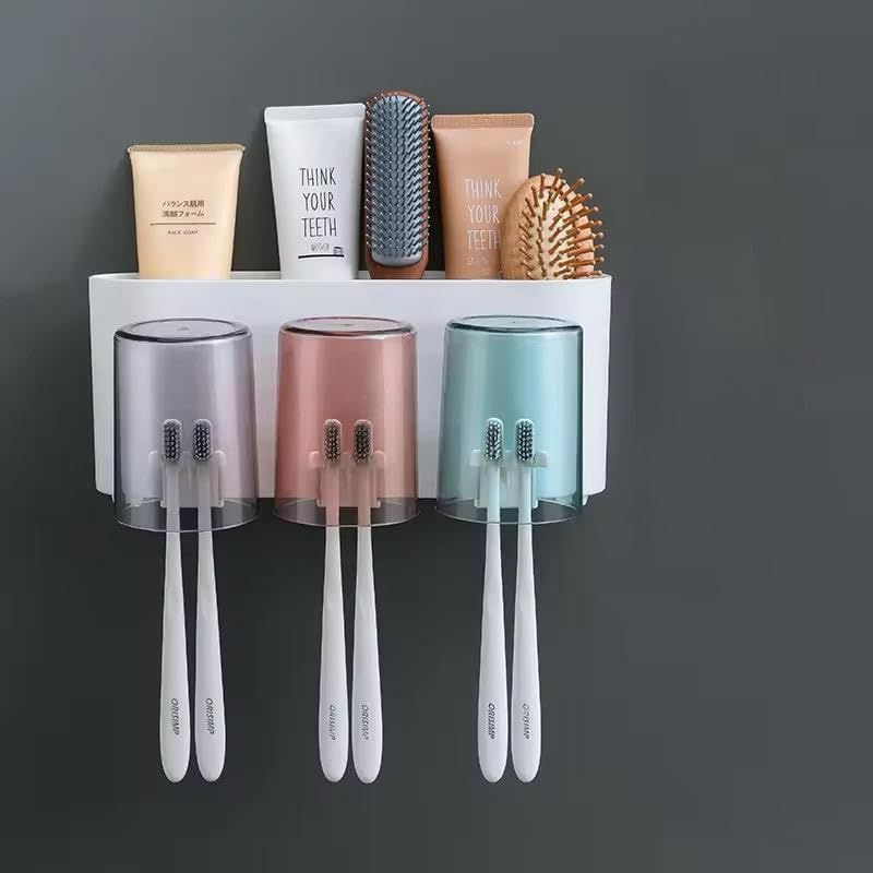 Image of SWAZE Wall Mounted Toothbrush Holder for Bathroom - Stickable Brush Stand with Cover | Tooth Brush & Paste Holder for Bathroom Wall | Bathroom Brush Holder for Wash Basin | Plastic Stand Set (3 Cups)