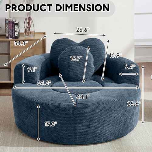 Image of Oversized Round Chair Lounge Chaise Indoor, 54.3 inch Upholstered Corduroy Deep Seat Single Cloud Sofa Chair with Heart-Shaped Pillow Modern Large Circle Boneless Couch for Living Room, Blue