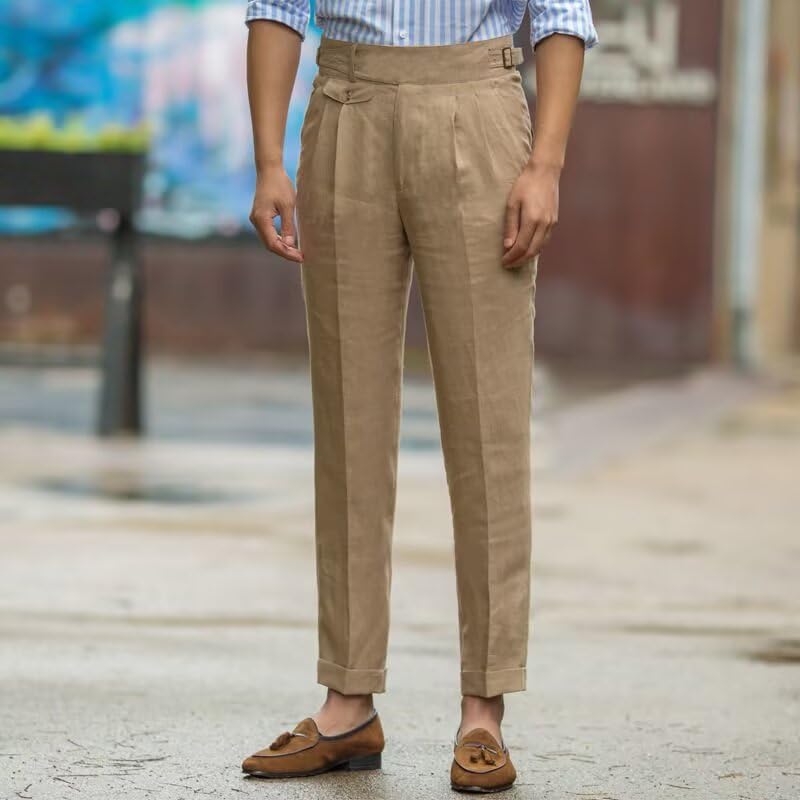Men’s Linen Dress Pants Vintage Pleat-Front Casual Suit Pants Gurkha Spring Summer Beach Lounge Trouser Long2