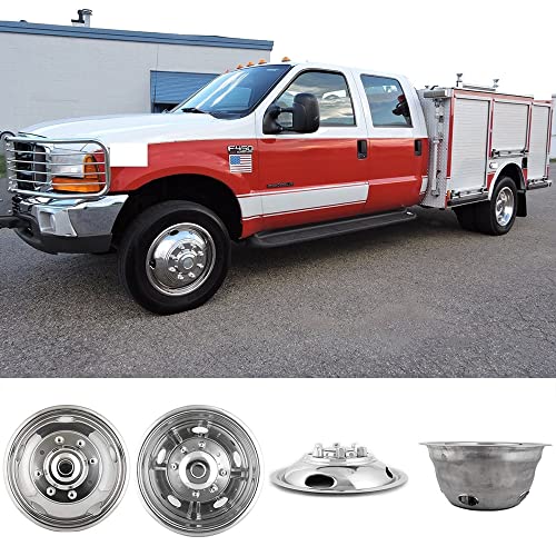 Image of 19.5 inch Polished Stainless Steel Dually Wheel Simulators fit for Ford 1999-2004 F450 /F550 Truck, 4pcs Nice Looking and Durable Bolt On Wheel Cover,8 Lug Hubcaps with Installation Tool Kit