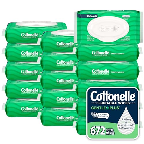 Image of Cottonelle GentlePlus Flushable Wet Wipes with Aloe & Vitamin E, 16 Flip-Top Packs, 42 Wipes Per Pack (672 Total Wipes), Packaging May Vary
