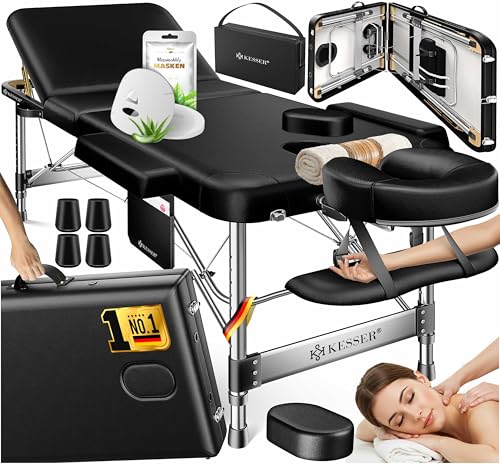 KESSER® Massageliege 3 Zonen, Bis 250kg, Massagetisch klappbar, verstellbar, tragbarer Koffer, Kosmetikliege, Therapieliege, Zubehör, Alu-Kopfstütze, Armlehne, Tragetasche, Anti Rutsch, 61cm, Schwarz