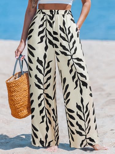 Image of CUPSHE Women's Wide Leg Beach Pants - Tropical Floral with Pockets Plus Size Casual Flowy Vacation Bottoms