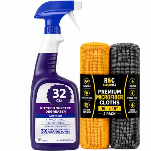 R&C Store Essentials Home Cleaning Bundle Kit Includes 32 oz Degreaser Spray Compatible with Dawn_Kitchen Surface Degreaser + 2 Primium Microfiber Cleaning Cloths 16x16