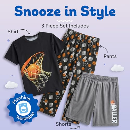 Image of US Angels Boys Pajamas Set | 3-Piece Pant, Shirt, Shorts Sleepwear Pjs for Kids | Loose Fit, Soft, Breathable Blue Plaid
