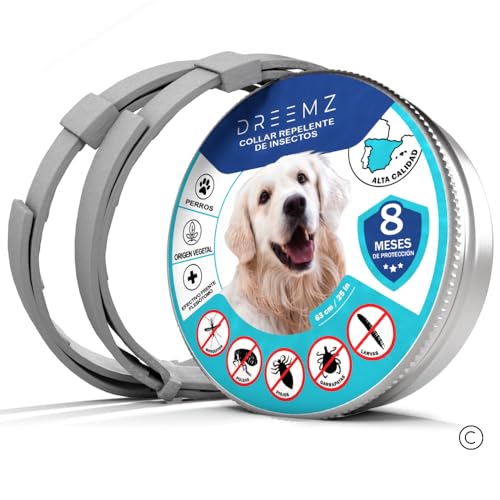 DREEMZ® Collar Repelente de Insectos Collar contra pulgas, garrapatas y Mosquitos, 8 Meses protección-63cm -100% Vegetal-Impermeable-Repelente-Color Gris x2