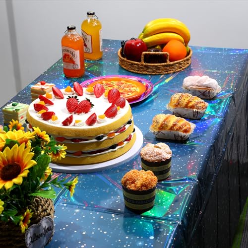 Image of 3Pcs Iridescent Space Tablecloths, Disposable Plastic Blue Galaxy Table Cloth Rectangle Table Covers for Space Starry Night Star Theme Party Birthday Party Decorations, 54x108 Inch