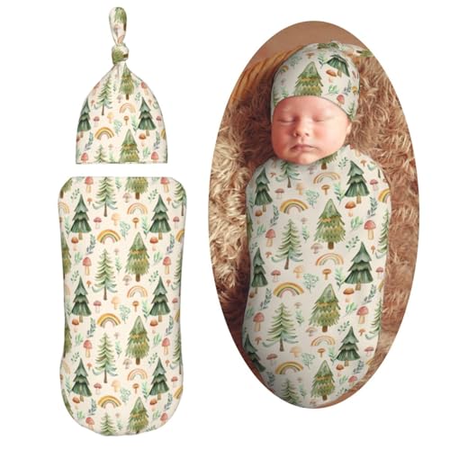 Image of Watercolor Tree Rainbow Mushroom Newborn Swaddle Blanket with Beanie Hat Set Soft Receiving Blankets Baby Swaddle Wrap for Baby Boys and Girls