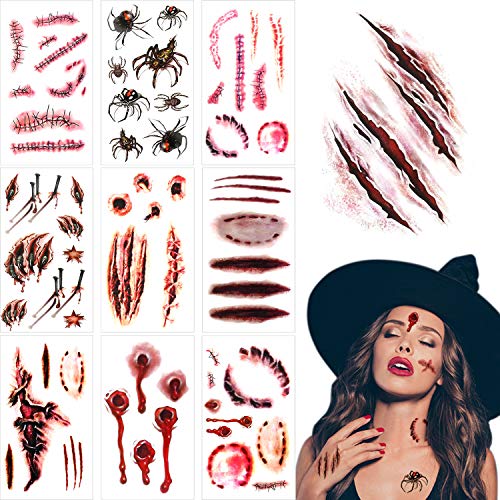 20 Pieces Halloween Scar Tattoo Stickers Realistic Temporary Tattoos Stickers with Blood Stains Scar Gunshot Wounds Design for Halloween Prank Props Cosplay Party
