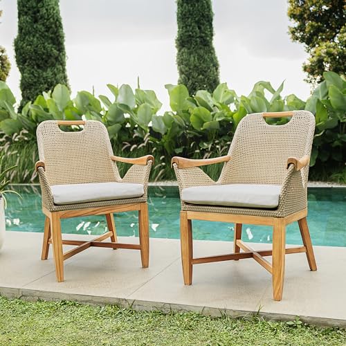 Cambridge Casual Sydney Teak Wood 2-Piece Outdoor Dining Chair with Light Tan Cushions and Honey Brown Wicker