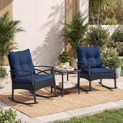 Image of Tangkula 3 Pieces Wicker Outdoor Rocking Chairs Set | Heavy Duty | Cushioned | Rattan Rocker Bistro Set w / 2-Tier Tempered Glass Coffee Table for Garden, Balcony, Backyard
