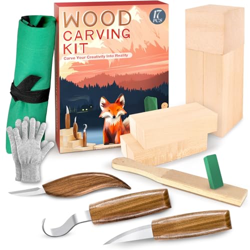 Wood Carving Kit, Whittling Kit for Beginners 17PCS Wood Carving Tools with 3PCS Whittling Knife 9PCS Basswood Blocks & Gloves & Strop Block & Polishing Compound Wood Carving Set Hobbies for Adults