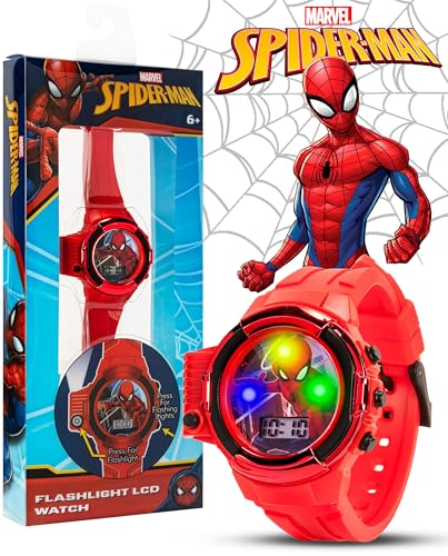 marvel spider-man flashlight watch for kids  light-up fun with lcd display led flashlight and durable silicone band