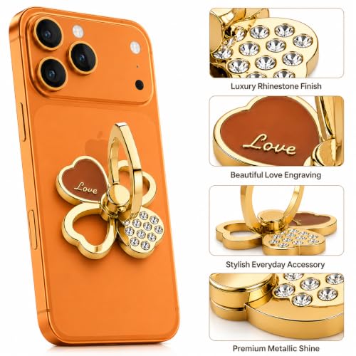Image of Mizi 2Pack Clover Phone Ring Holder Stand, 360 Rotation & 180 Fold Finger Grip Kickstand, Strong 3M Adhesive, Bling Rhinestone Phone Ring for iPhone, Samsung & Most Smartphones - Gold