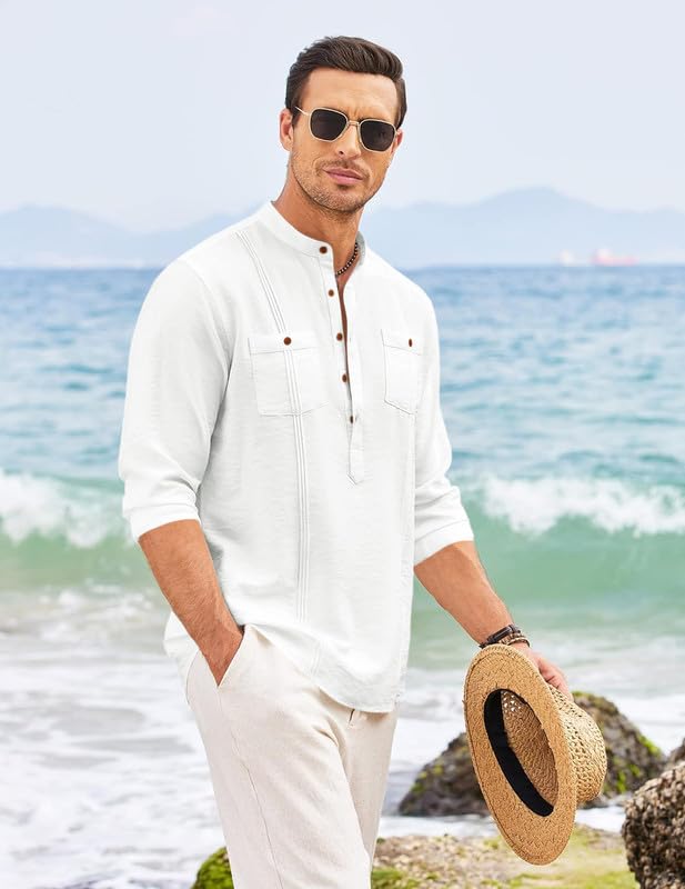 Image of Macsivo Combo of Men's Regular Fit Cotton Blend Solid Casual Short Kurta with Mandarin Collar and Pockets Kurta Pack of 2