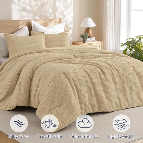Image of PHF Soft Waffle Comforter Set King Size- Comfy Breathable Waffle Weave Comforter with 2 Pillow Shams, 3 Pieces Less Snagging Lightweight Textured Bedding Set for All Season, Light Khaki