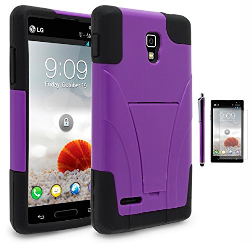 Bastex 2in1 High Impact Hybrid Hard Kickstand Armor Case with Silicone Skin for LG Optimus L9 / Optimus 4G - Purple / Black Includes Stylus and Screen Protector