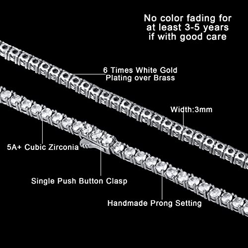 Luxfine 3Mm Tennis Necklace For Women & Men, 14K White Gold Plated Cuban Link Chain 5A+ Cubic Zirconia Iced Out Choker Diamond Hip Hop Jewelry, Birthday Wedding Christmas Mother's Day Gift (With Box & Pouch) #TOP1