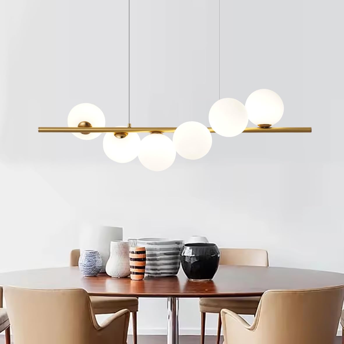 Lampadario Moderno a Sospensione, 6 Sfere Bianco Opaco, Barra Lineare Oro, Illuminazione per Sala da Pranzo cucina isola