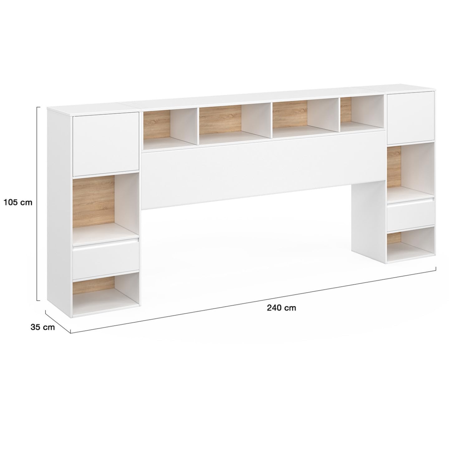 IDMarket Campha Cabecero de cama independiente de 240 cm con mesitas de noche de madera y blanco + cajones + nichos