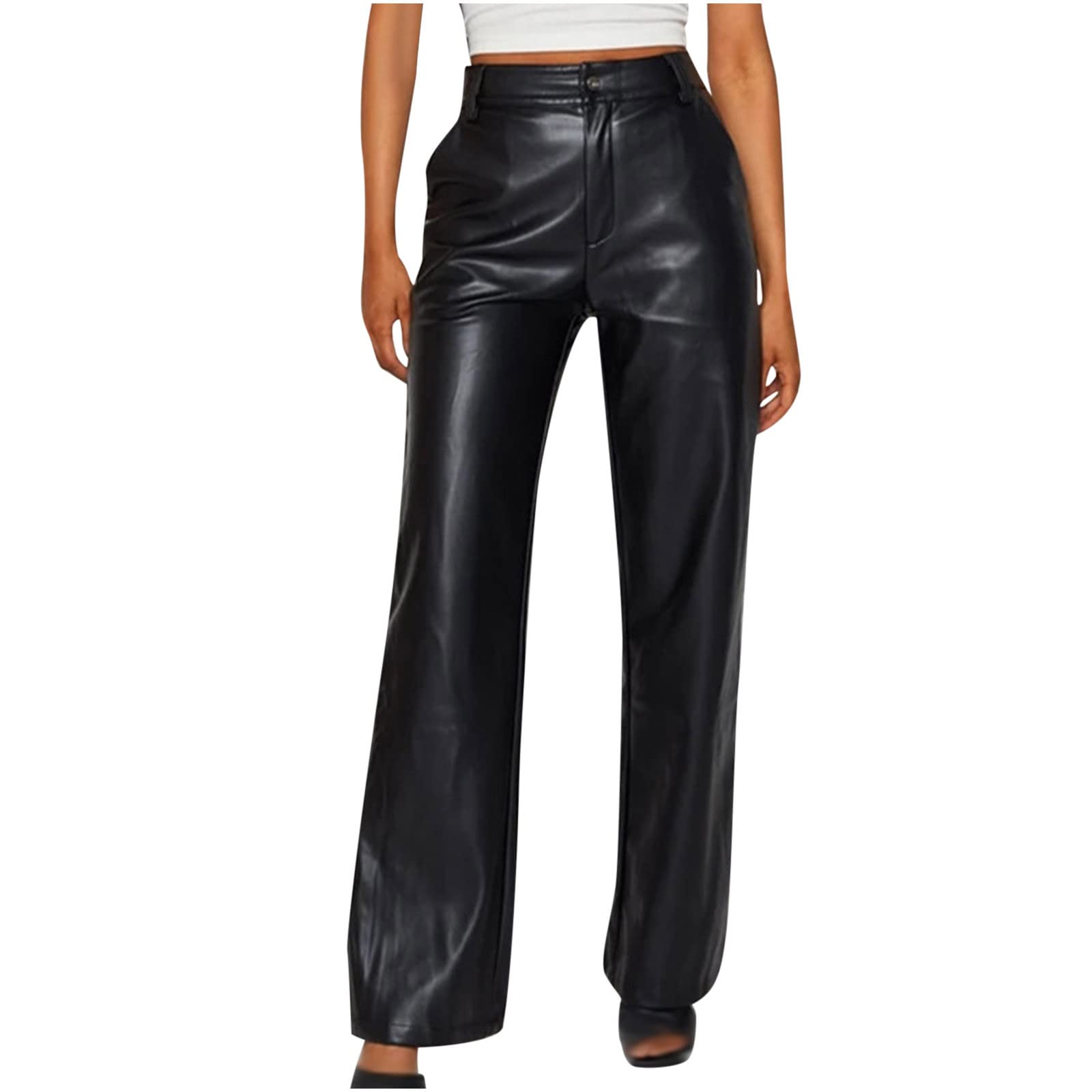 tuduoms Womens Business Casual Dress Pants Faux Leather Relaxed Fit High Waist Straight Leg Work Pants with Pockets