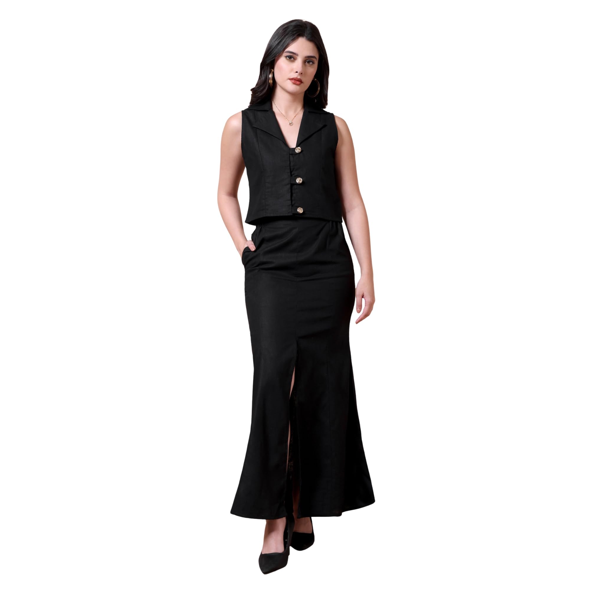 black banana Button Waistcoat and Front Slit Skirt Set for Women & Girls-picture-28