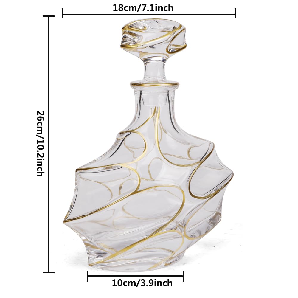 Carafe à whisky en cristal doré peinte à la main avec bouchon en verre – 750 ml élégante carafe à liqueur pour whisky, scotch, bourbon et spiritueux (carafe à décanter et 6 verres)
