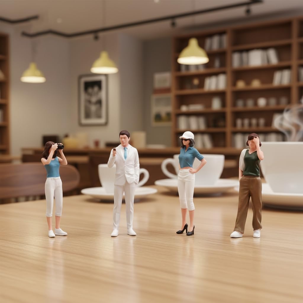 4pcs Painted Miniature Figurines, 1/64 Scale Resin Tiny People Modern Leisure Male Female Photographer Diorama Action Figure for Model Train Layout & Macro Photography