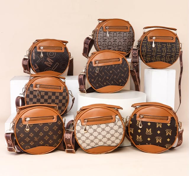 Round Crossbody Handbag, Canvas Pattern Print with Brown Leather Trim, Shoulder Strap, Small Circle Purse，Kanmi style3