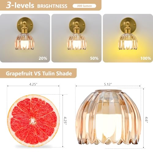 Image of Vintage Battery Operated Wall Sconce, Amber Tulip Glass Lampshade Wireless Rechargeable Battery Powered LED Wall Light with Remote Dimmable for Bedside Bedroom Doorway Living Room, Set of 2