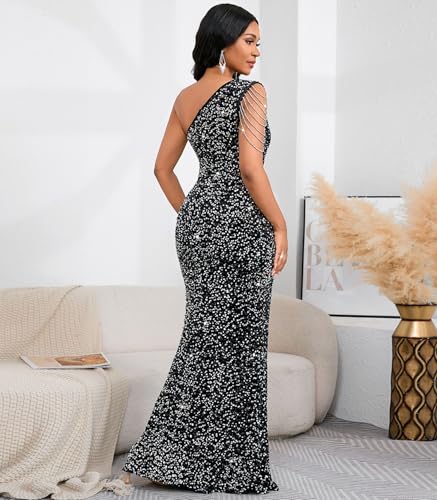 Image of Cololura Women Sequin Elegant Sexy One Shoulder Tassel Mermaid Bodycon Cocktail Evening Dress