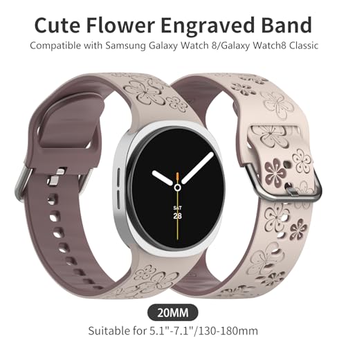 Floral Bands Compatible with Samsung Galaxy Watch 8/8 Classic Band 40mm/44mm /46mm 2025, Cute Soft Flower Engraved Silicone Inlay Dressy Strap for Galaxy Watch 8 40/44mm/8 Classic 46mm Band for Women - image 3