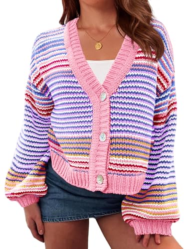 Saodimallsu Womens Striped Cardigan Sweaters Oversized Puff Sleeve Button Up V Neck Color Block Knit Sweater Coat