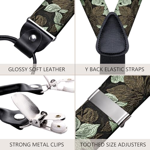 Image of Hi-Tie Suspender Bowtie Green Brown for Men Adjustable Y-Shape 6 Clips Trouser Braces Pre-Tied Bow Tie with Handkerchief Cufflinks