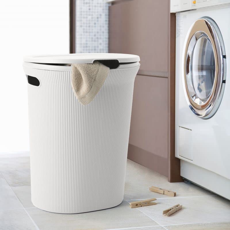 Image of Superio Ribbed Collection - Decorative Plastic Laundry Hamper with Lid and Cut-Out Handles, White (1 Pack) Basket Organzier for Bedroom Bathroom College Dorm Room 40 Liter