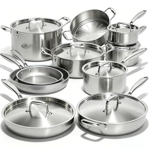 Umite Chef 17Pcs 5 Ply Clad Stainless Steel Cookware Set with Lids, Heavy Duty Pots and Pans Kitchen Set, Induction-Ready, Dual Aluminum Core for Even Heat, Cool Grip Handles, Dishwasher Safe