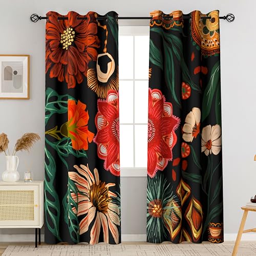 Image of Tyrot Black Floral Grommet Blackout Curtains, 52W x 72L, 2 Panels | Colorful Botanical, Thermal Insulated, Heat Blocking, Light Blocking Privacy, Drapes for Bedroom and Living Room, Heavyweight