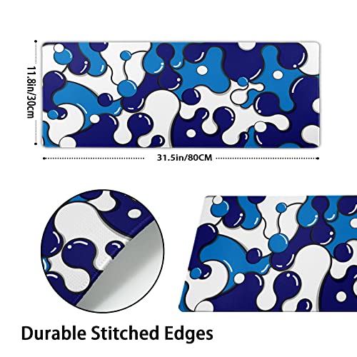 Image of Navy Blue White Mouse Pad Anime Cool Geometric Japanese Extended Desk Mat 80X30 cm Non-Slip Rubber Base Stitched Edge Large XL Mousepad for Desk Gaming Laptop Desktop,31.5x11.8 Inch
