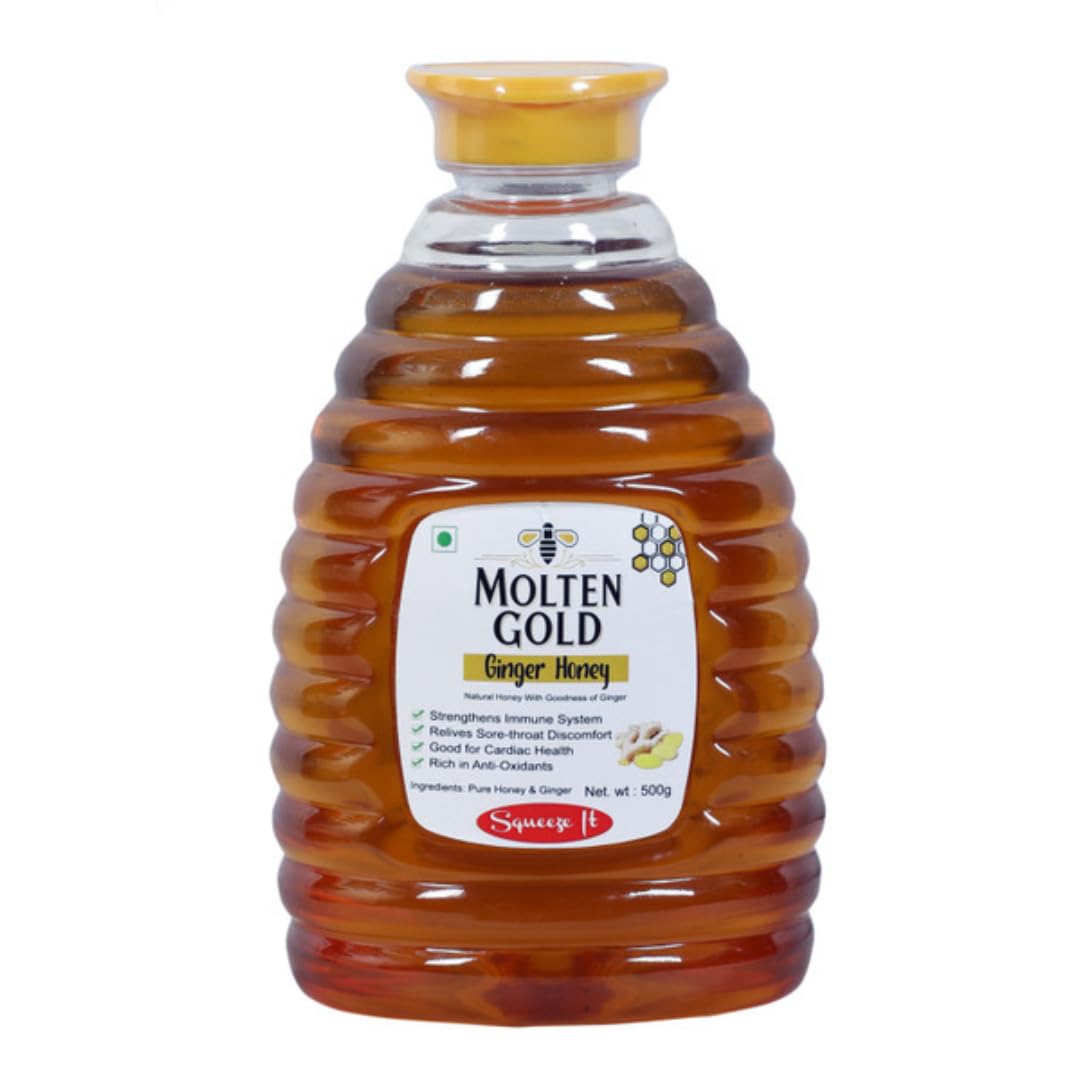 Molten Gold Ginger Honey - 500g | Squeezy Bottle | Pure and Natural Honey | Supports Cough, Cold & Digestion | Ginger-Infused Honey