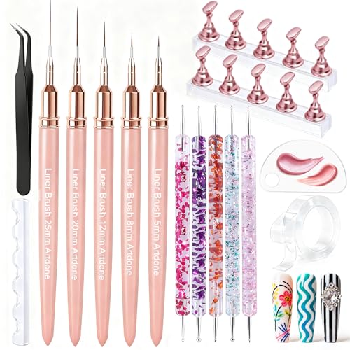Image of Artdone Nail Art Pens And Brushes Set With Liner Paint Dotting Tools | 11PCS Black Color Nail Tools For Long Lines, Thin Details, Fine Drawing For UV Gel Polish Design Sizes 5 /8 /12 /20 /25mm