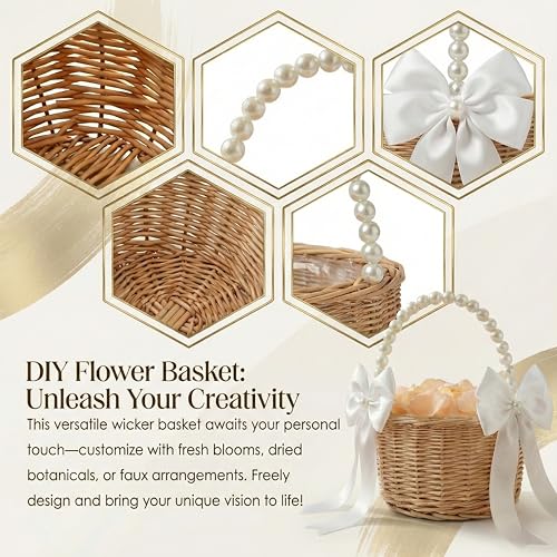 MOLTREX Flower Girl Baskets with Pearl Handle and Ribbon Bow with 100 Pcs Petals for Wedding Decoration, Home, Outdoor Picnic, Rustic and Woven Rattan Basket for Party, Garden Decor (2 Pcs)