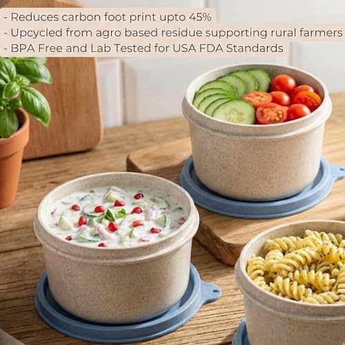 Image of Happy Cove Eco Friendly Lunch Box for Office Use | Biocomposite Wheat Straw, Rice Husk & Bamboo Fibre | 3 Microwave Safe Containers | Tiffin Box with Lunch Bag | Microwave Safe, Oven Safe, Unbreakable