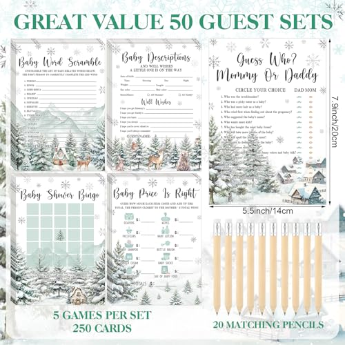 Image of Patelai 321 Pcs Baby Shower Games Supplies, 5 Sets (50 Cards Each) Activities Cards with 20 Pencils 1 Don't Say Baby Sign 50 Clothespin (Winter Theme)