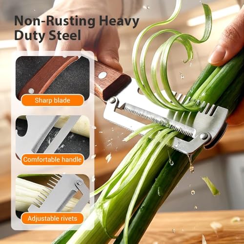 Image of 2 Pcs Multifunctional Vegetable Peeler with Wooden Handle | Stainless Steel Kitchen Peeler with Scallion Shredder and Bottle Opener | 2 in 1 Kitchen Tool