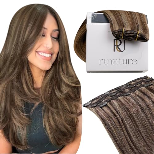 RUNATURE Clip in Hair Extensions Real Human Hair Brown Highlight Honey Blonde Clip in Extensions Remy Clip in Human Hair Extensions Brown Real Hair Clip on Extensions 3PCS 50G 10Inch